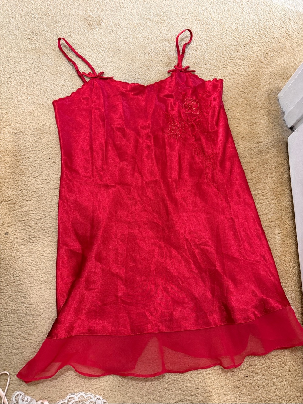 Vintage Red Satin Slip Dress with Floral Applique